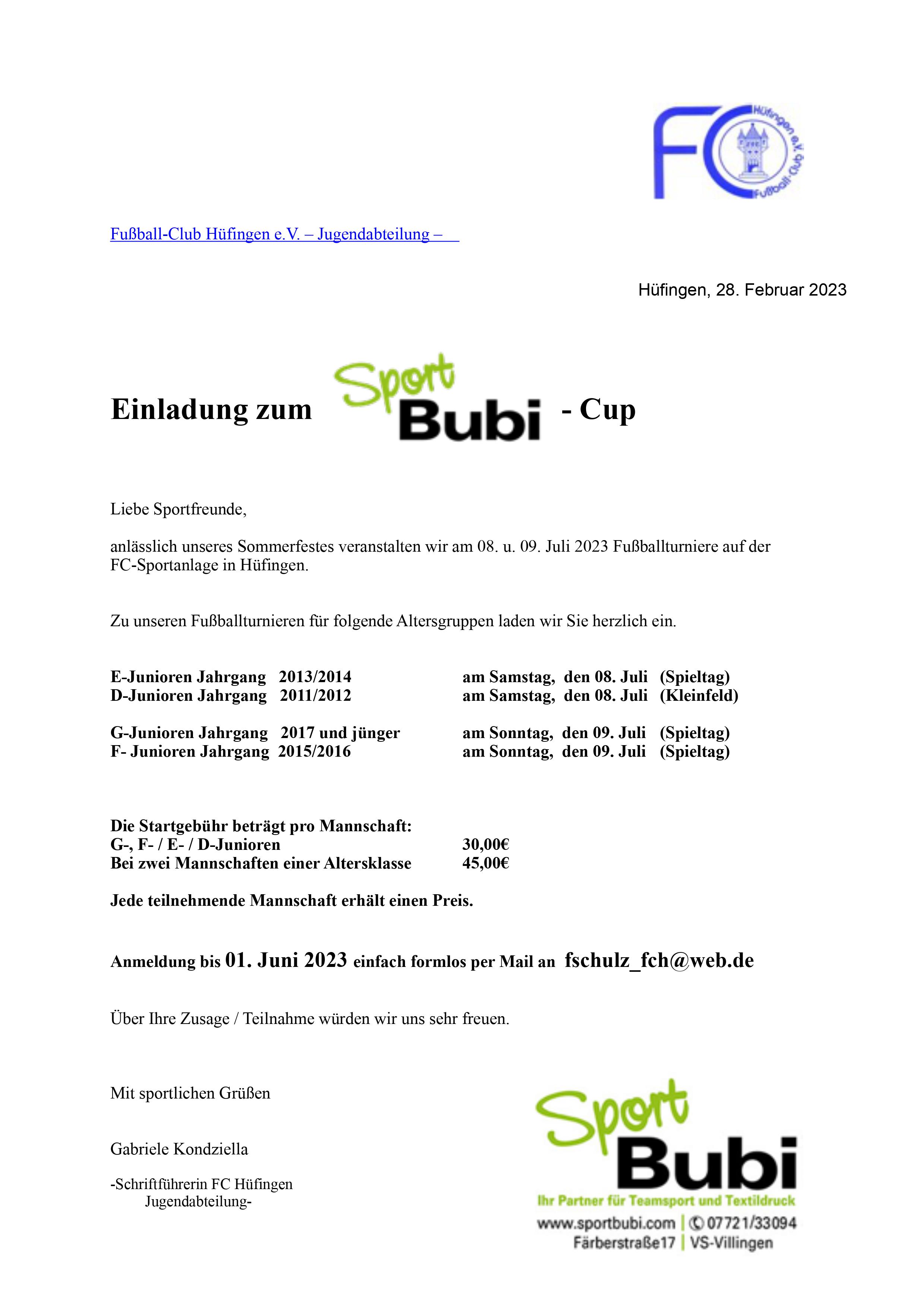 Einladung Sport Bubi Cup